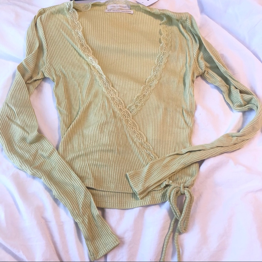 NWT Urban Outfitters Lace Y2K Wrap Top Green Crop ribbed soft cross brandy melvi - Picture 5 of 15